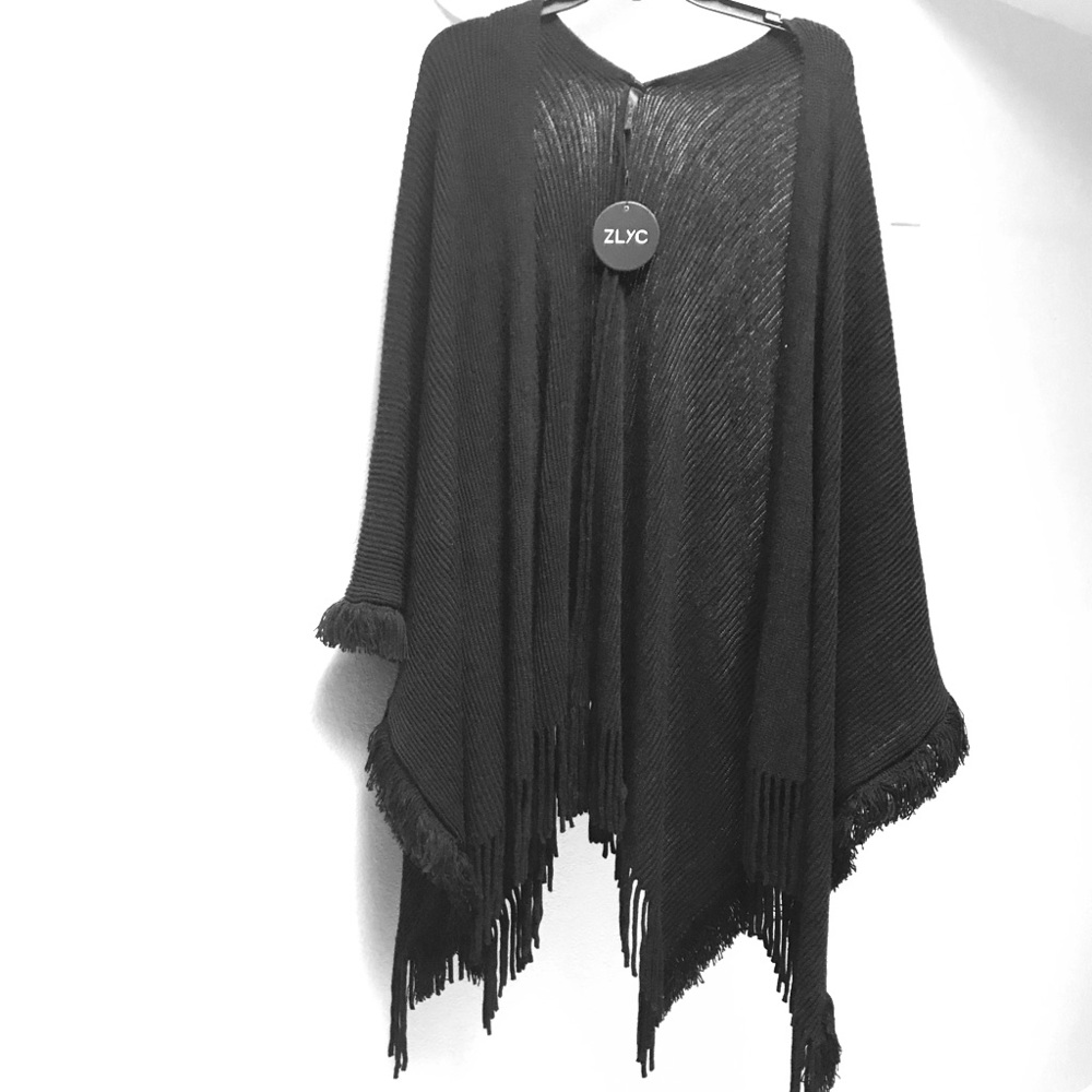 Knit Blanket Wrap Open Front Fringe Poncho Cape